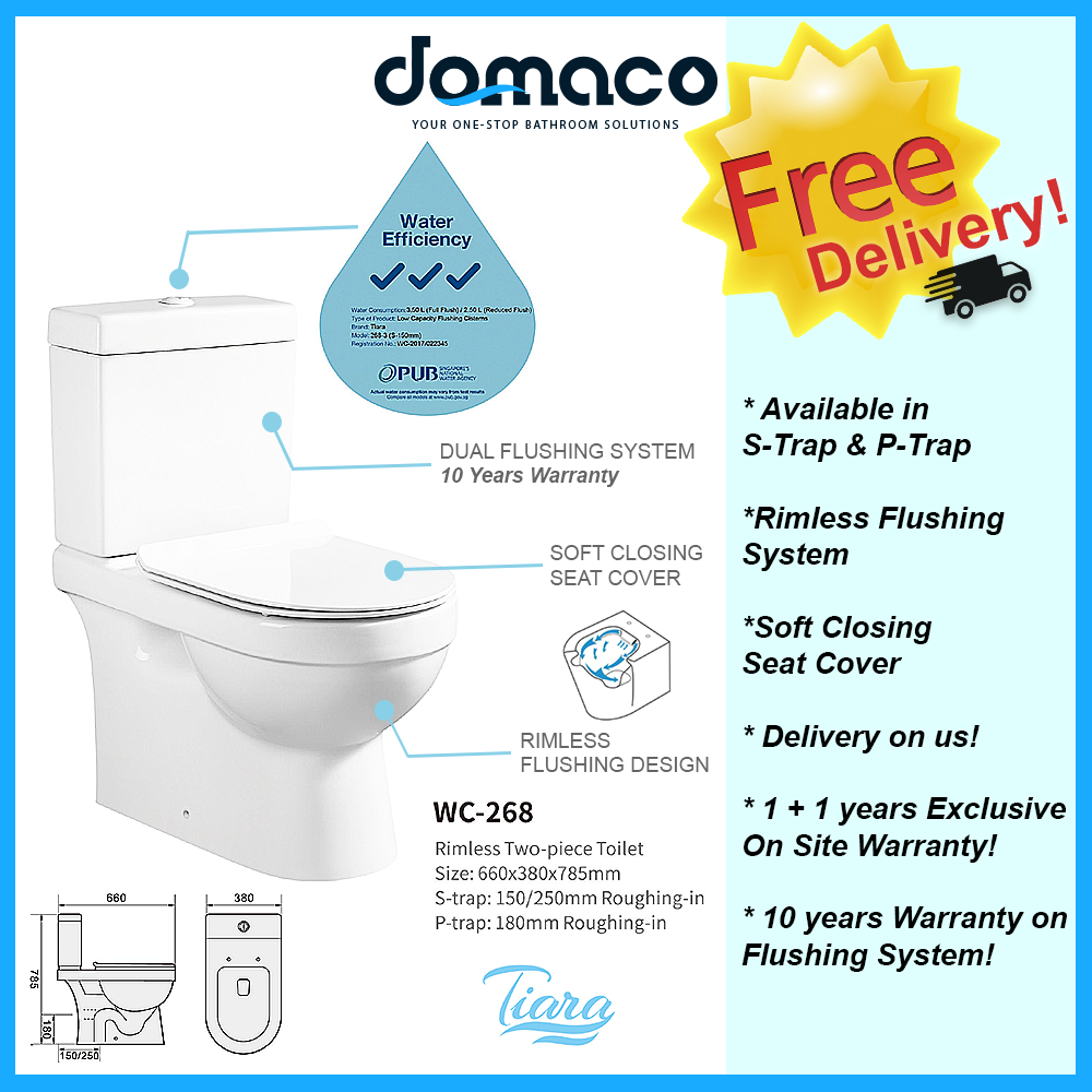 Tiara T268 Rimless Toilet Bowl Washdown with Soft Closing Seat Cover