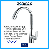 Arino Chrome Stainless Steel Pull Out Dual Spray Kitchen Sink Hot and Cold Mixer Tap T-8005SS-3-C domaco.com.sg