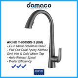 Arino Gun Metal Stainless Steel Pull Out Dual Spray Kitchen Sink Hot and Cold Mixer Tap T-8005SS-3-GM domaco.com.sg