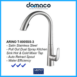 Arino Satin Stainless Steel Pull Out Dual Spray Kitchen Sink Hot and Cold Mixer Tap T-8005SS-3 domaco.com.sg