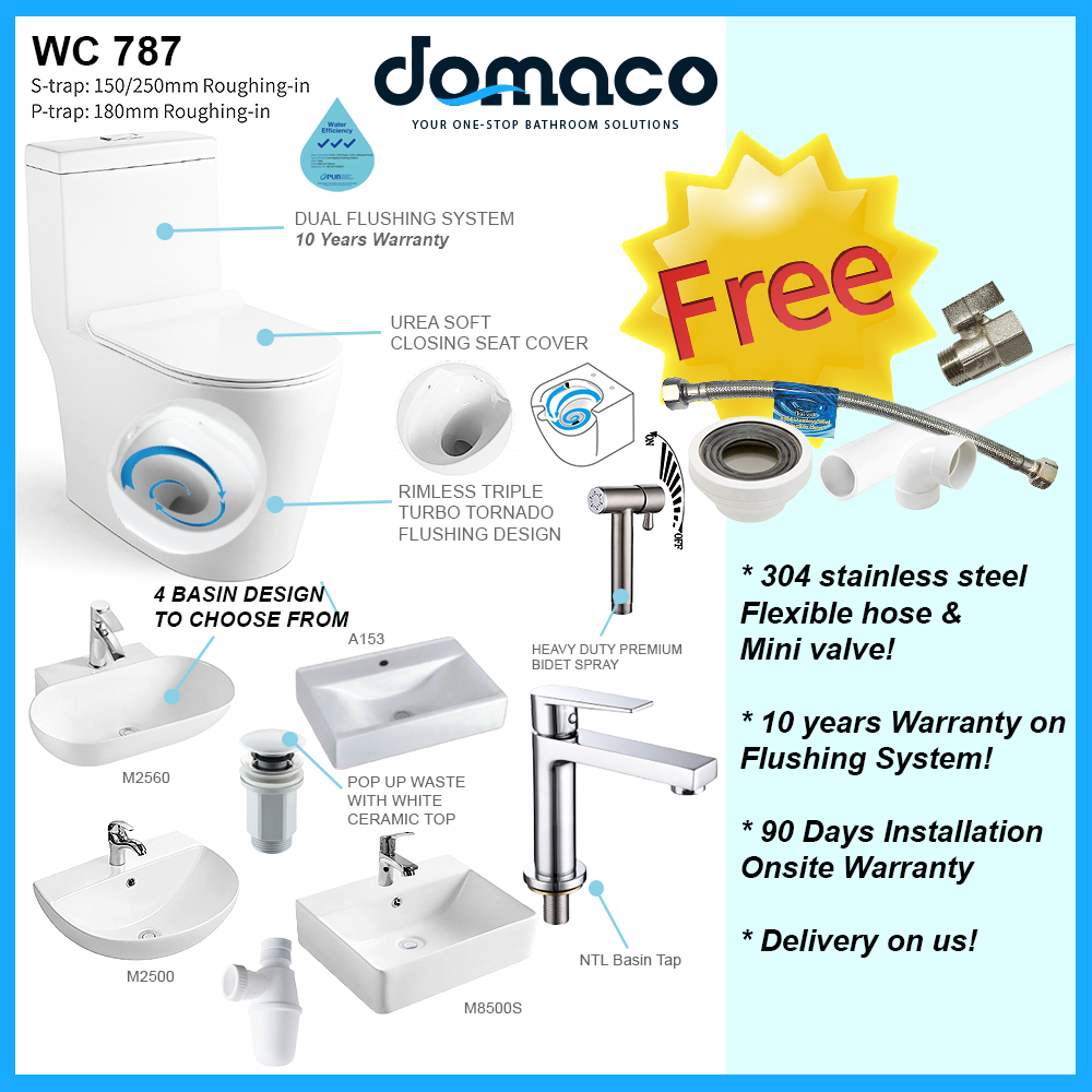 Domaco 787 Rimless Triple Turbo Tornado Flushing 1-Piece Toilet Bowl &