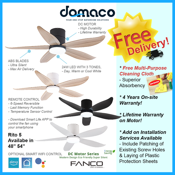Fanco Rito 5 Hugger Ceiling Fan with 24W 3 Tone LED Light Kit and Remo