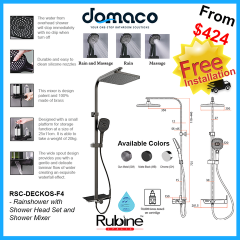 Rubine RSC-DECKOS-F4 Square Rain Shower Set with Hand Shower and Shower Mixer Shelf domaco.com.sg
