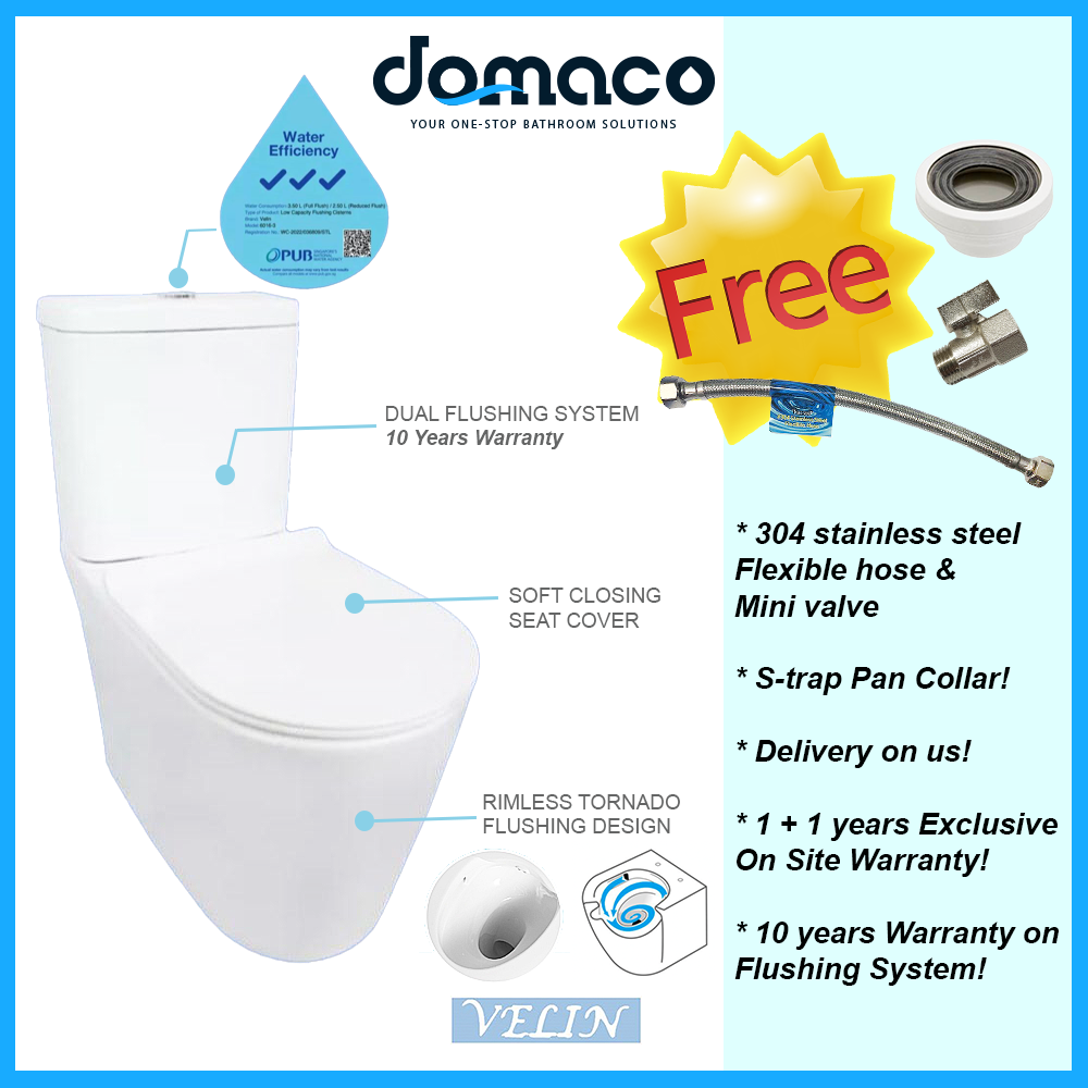 Velin VA6016 Rimless Tornado Flushing System Two Piece Toilet Bowl Slim UREA Seat Soft Closing Cover