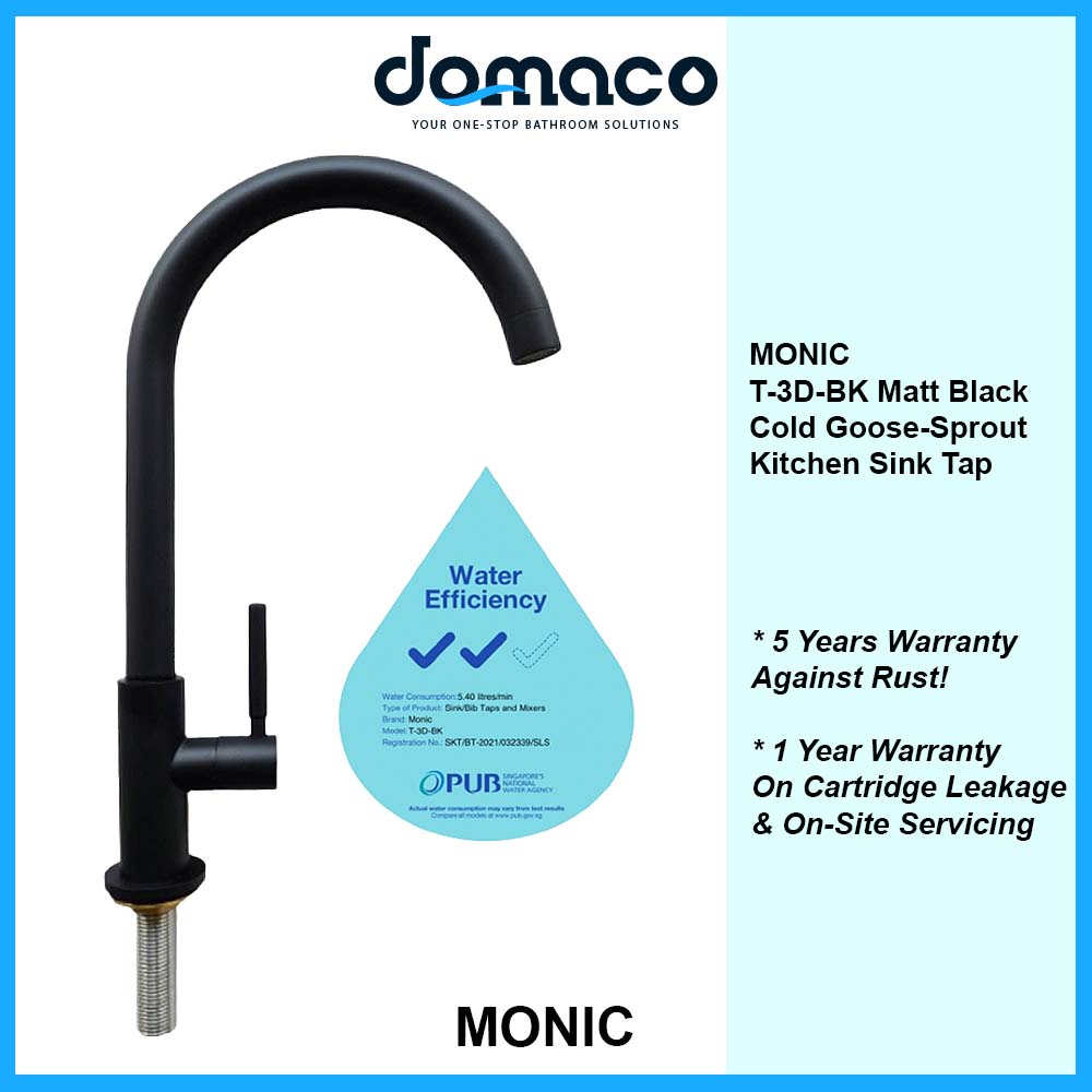 Monic T-3D-BK Matt Black Cold Goose-Sprout Kitchen Sink Tap domaco.com.sg