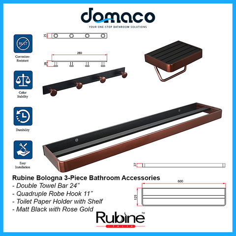 Rubine Bologna BO-3100-3 Matt Black with Rose Gold 3 Piece Bathroom Accessories Set domaco.com.sg