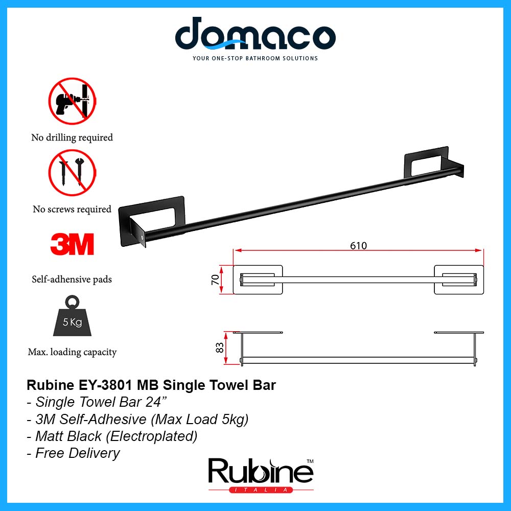 Rubine EY-3801 MB Matt Black 3M Self-Adhesive 24 Inch Single Towel Bar domaco.com.sg