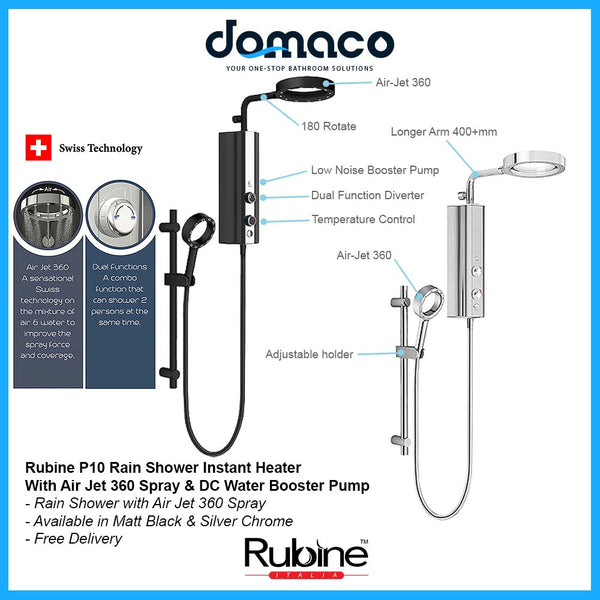 Rubine P10 Rain Shower Instant Heater With Air Jet 360 Spray u0026 DC Wate –  Domaco