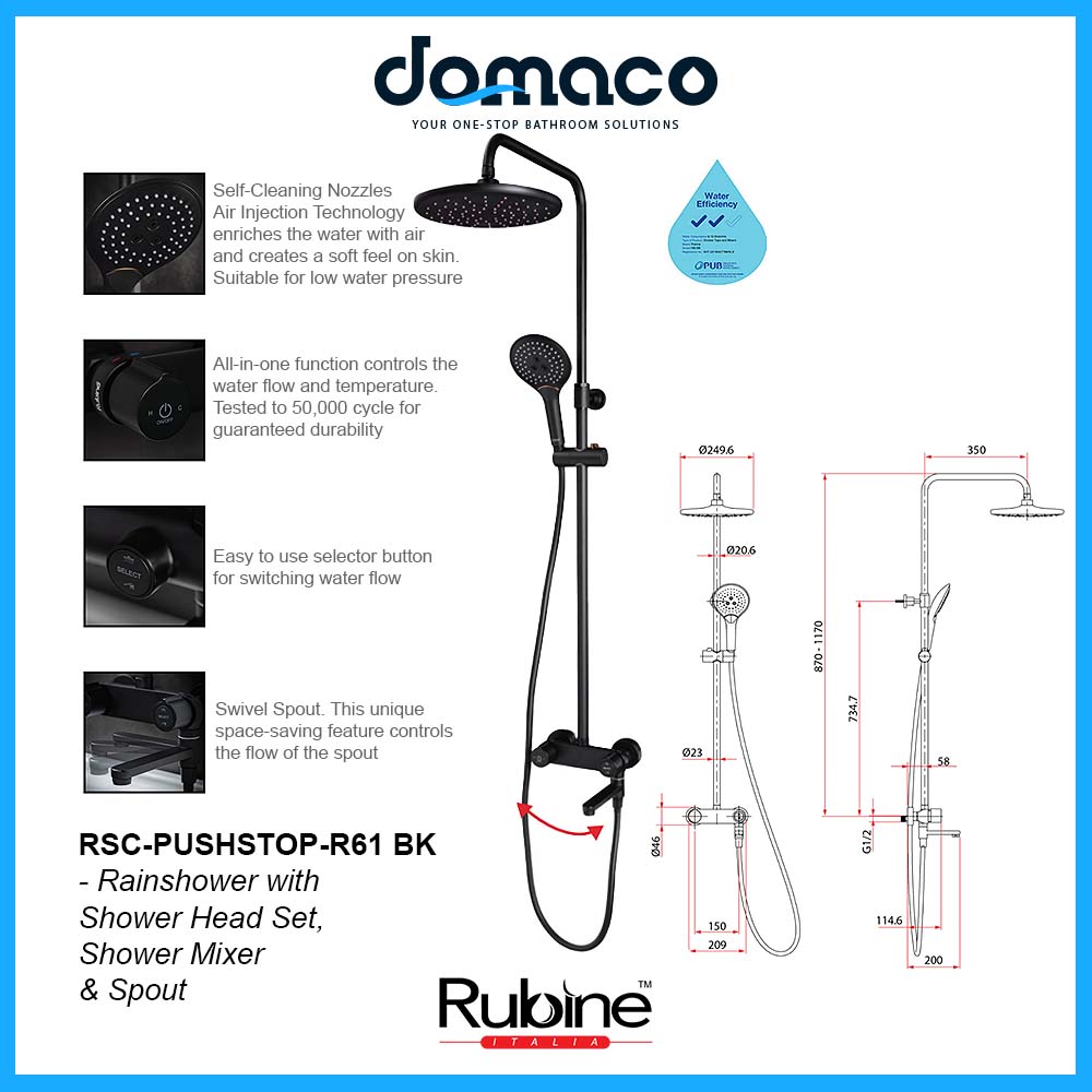Rubine RSC-PUSHSTOP-R61-BK Rain Shower Set with Hand Shower and Shower Mixer in Matt Black domaco.com.sg