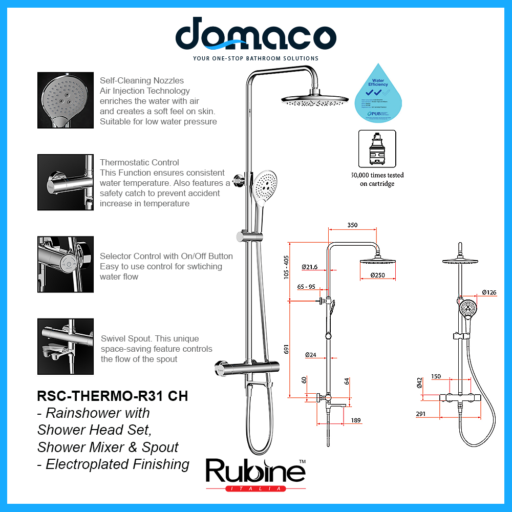 Rubine RSC-THERMO-R31-CH Rain Shower Set with Hand Shower and Shower Mixer in Chrome (36800)<br>*Contact us for best price domaco.com.sg
