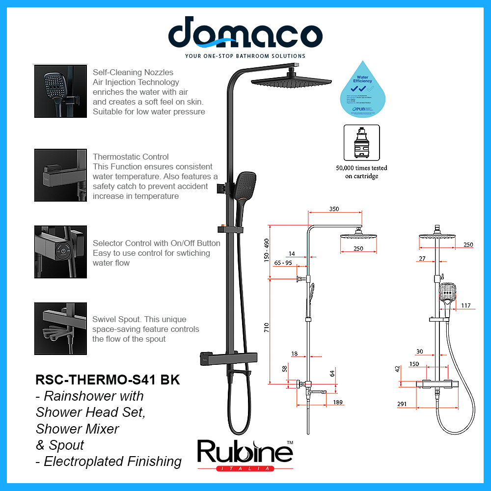 Rubine RSC-THERMO-S41-BK Rain Shower Set with Hand Shower and Shower Mixer in Matt Black (41800)<br>*Contact us for best price domaco.com.sg
