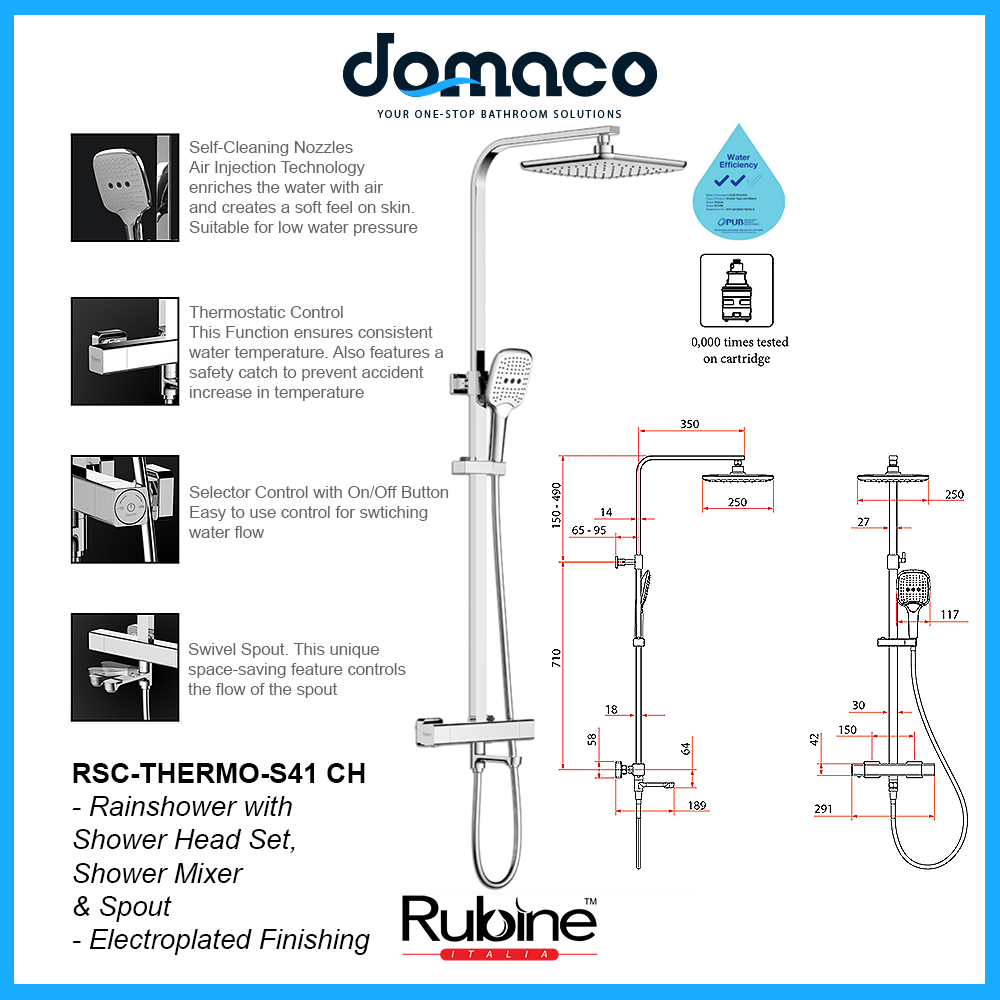 Rubine RSC-THERMO-S41-CH Rain Shower Set with Hand Shower and Shower Mixer in Chrome (39800)<br>*Contact us for best price domaco.com.sg