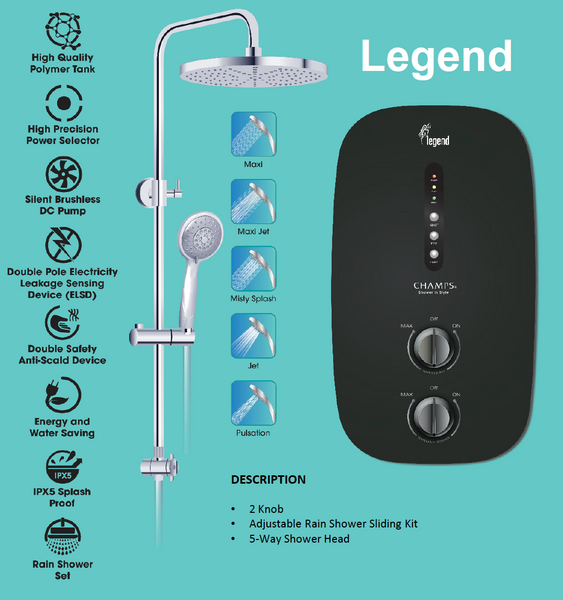 Champs Legend Instant Water Heater With DC Water Booster Pump u0026 Rain S –  Domaco