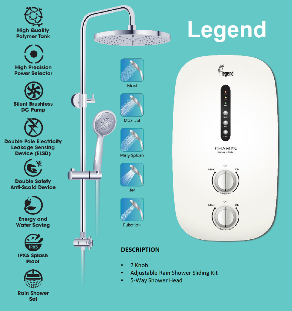 CHAMPS LEGEND INSTANT WATER HEATER WITH DC WATER BOOSTER PUMP & RAIN SHOWER domaco.com.sg