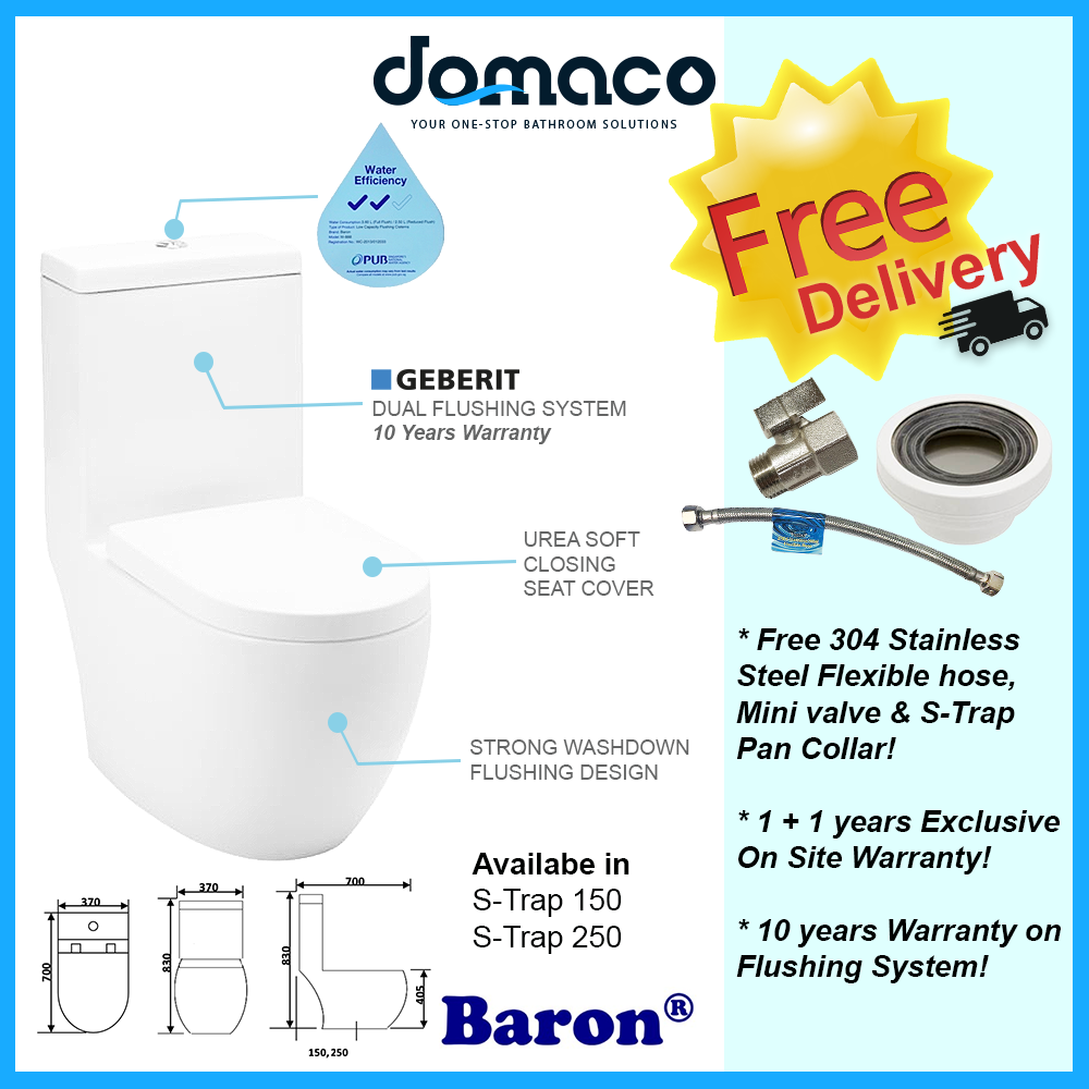 Baron BW888 Geberit Washdown Flushing 1-Piece Toilet Bowl With Soft Closing Seat Cover - Domaco