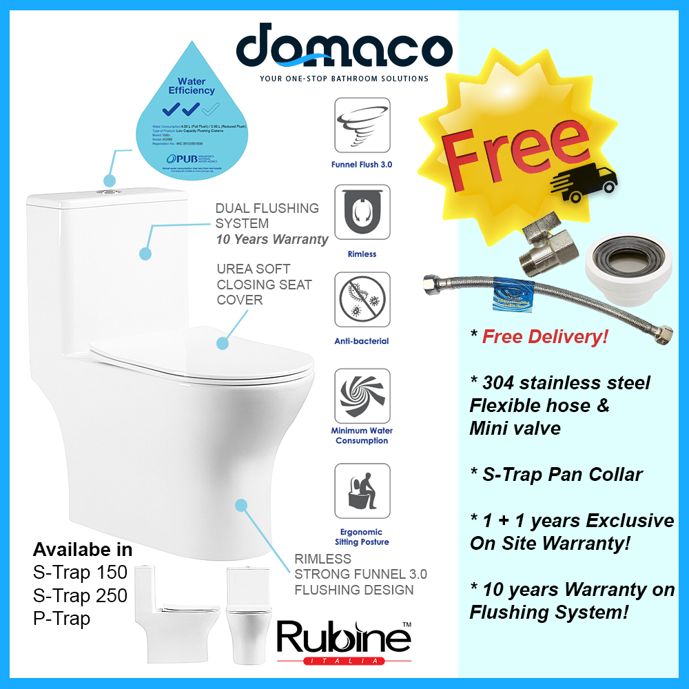 Rubine Piz Fora RPF106 Rimless Toilet Bowl Funnel Flushing with UREA Soft Closing Seat Cover