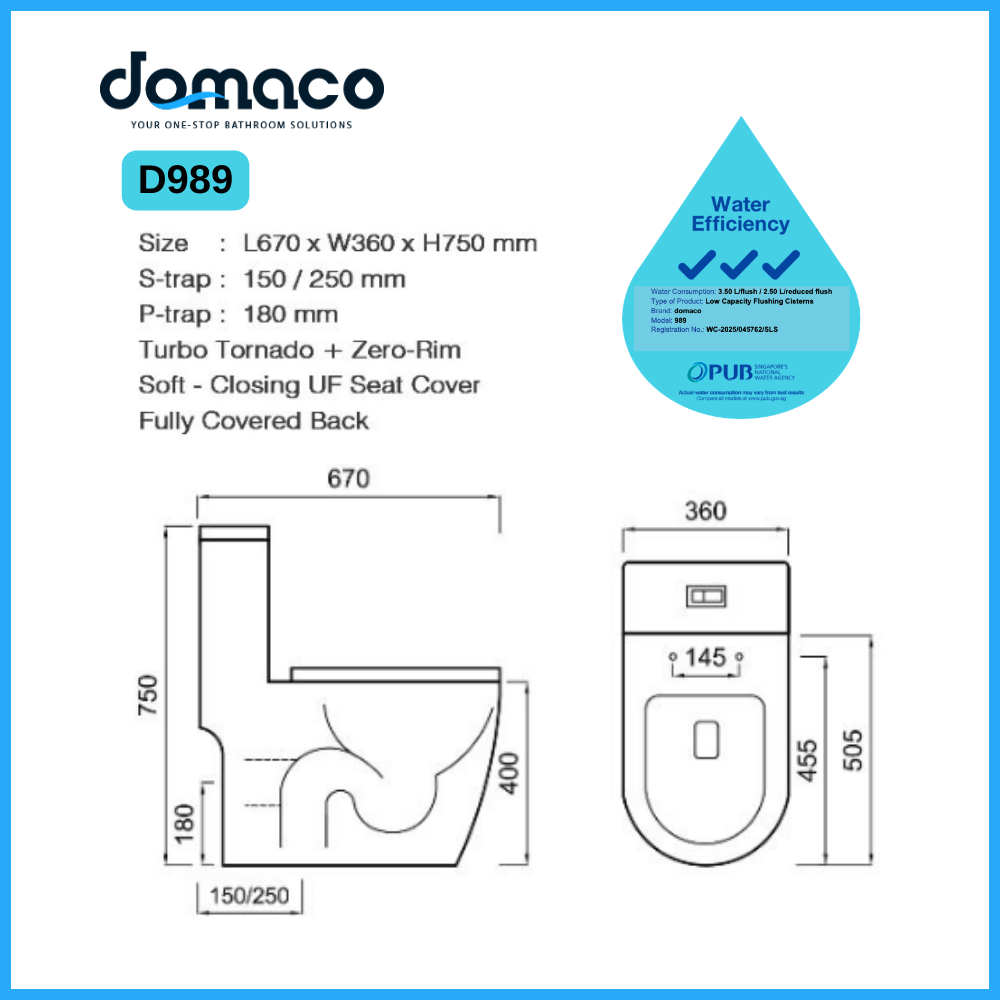 Domaco D989 [2025 Model] Toilet Bowl with Rimless Double Turbo Tornado Flushing and Geberit Flushing System