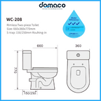 Tiara T208 Rimless Toilet Bowl Washdown Flushing 2-Piece Toilet Bowl with Soft Closing Seat Cover - Domaco