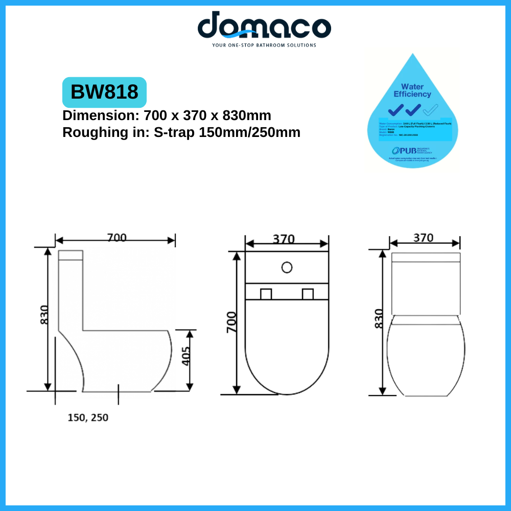Baron BW888 Geberit Washdown Flushing 1-Piece Toilet Bowl With Soft Closing Seat Cover - Domaco