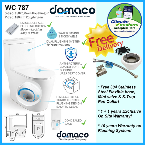 Domaco D787 Toilet Bowl Rimless Triple Turbo Tornado Improved Flushing
