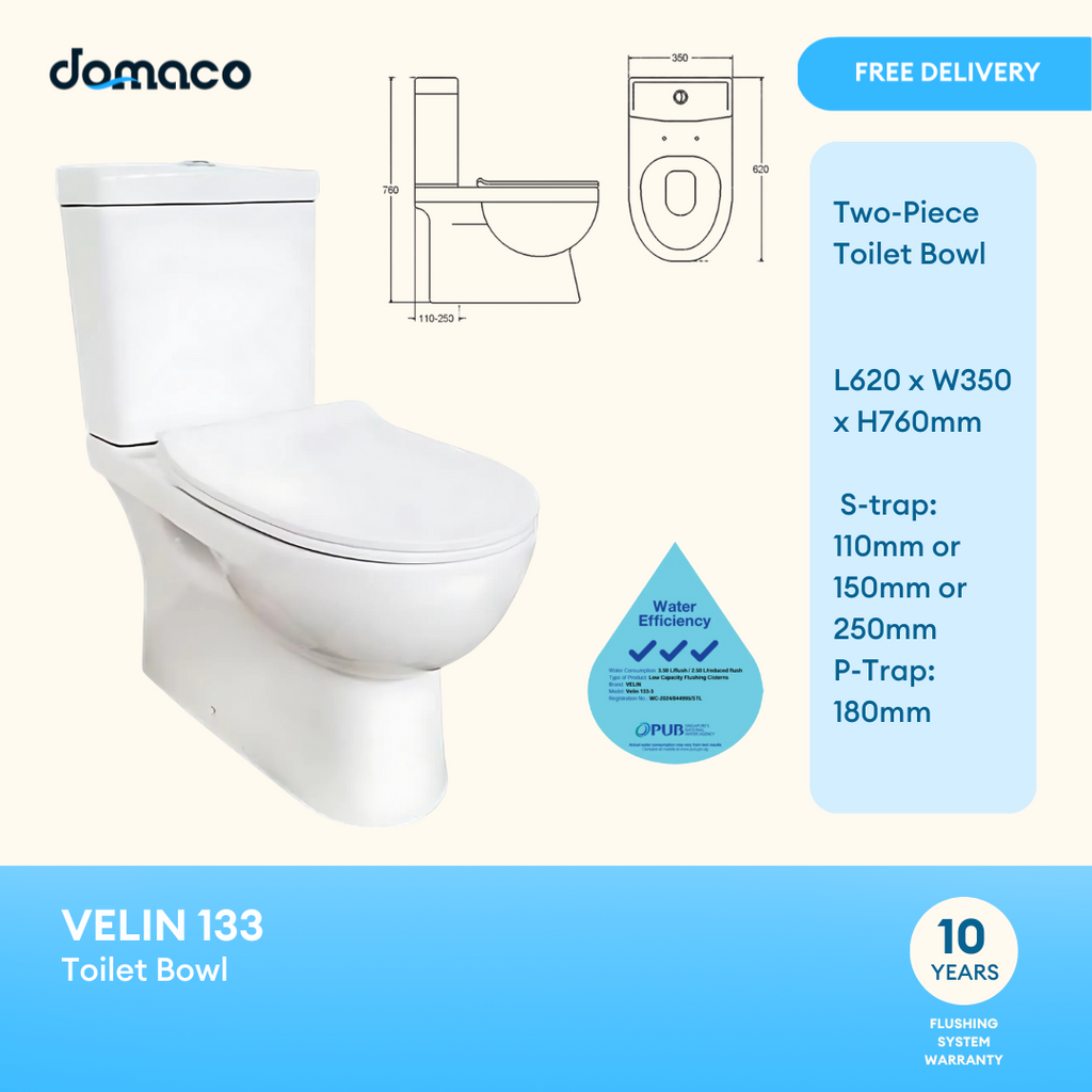 Velin 133 [New Model] Rimless Strong Flushing Toilet Bowl with Soft Closing Seat Cover