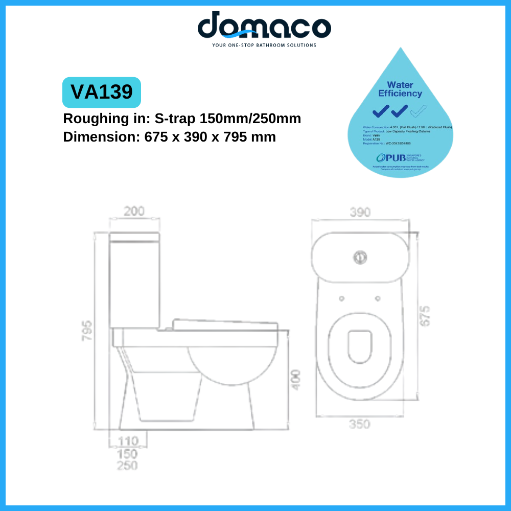 Velin VA139 Washdown Flushing 2-Piece Toilet Bowl with Soft Closing Seat Cover - Domaco