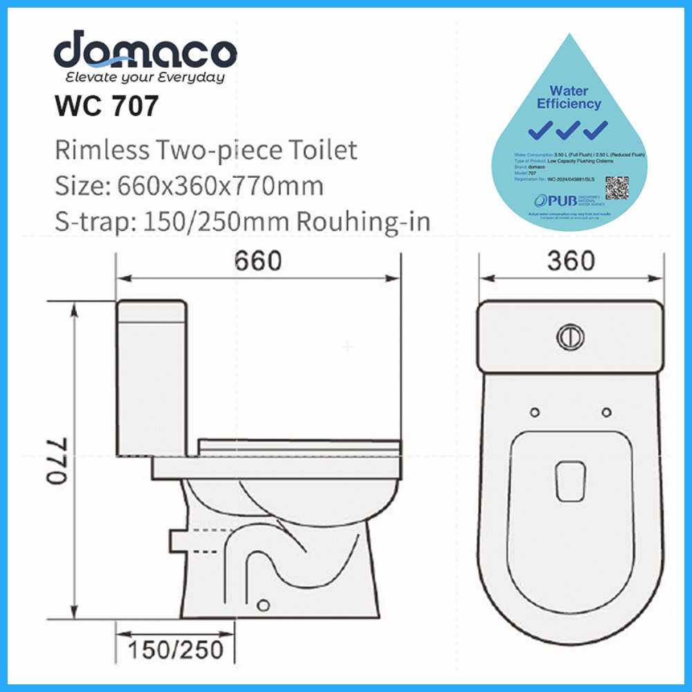 Domaco D707 [2025 New Gen] Toilet Bowl Improved Rimless Flushing with Soft Closing Seat