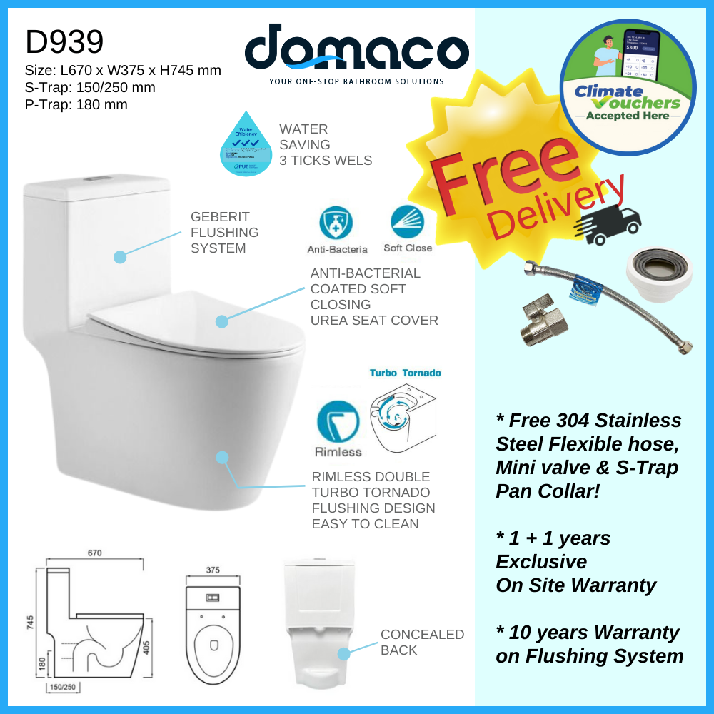 Domaco D939 [2025 Model] Toilet Bowl Rimless Double Turbo Tornado Flush with Geberit Flushing System