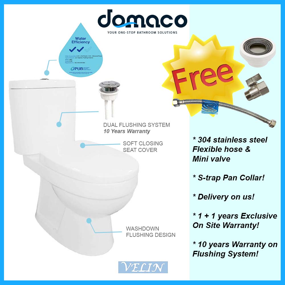 Velin VA139 Washdown Flushing 2-Piece Toilet Bowl with Soft Closing Seat Cover - Domaco