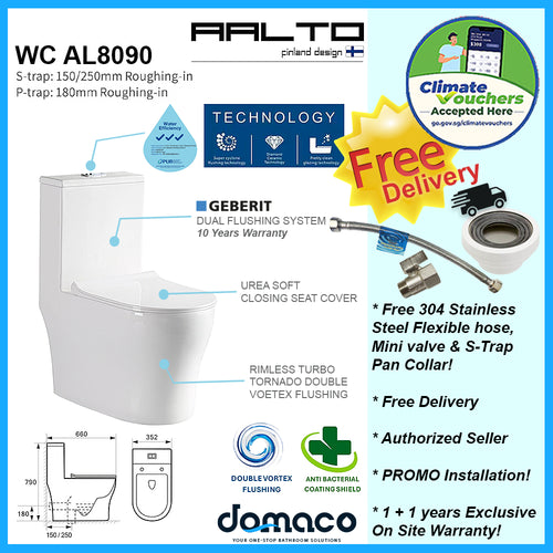 Aalto AL8090 Geberit Toilet Bowl Rimless Double Vortex Flushing with Anti Bacteria Coating
