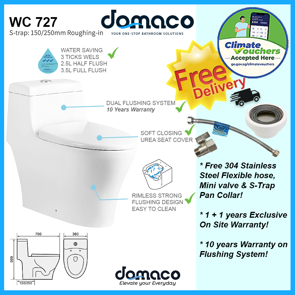 Domaco D727 [2025 New Gen] Toilet Bowl with Rimless Washdown Improved Flushing and Soft Closing Seat