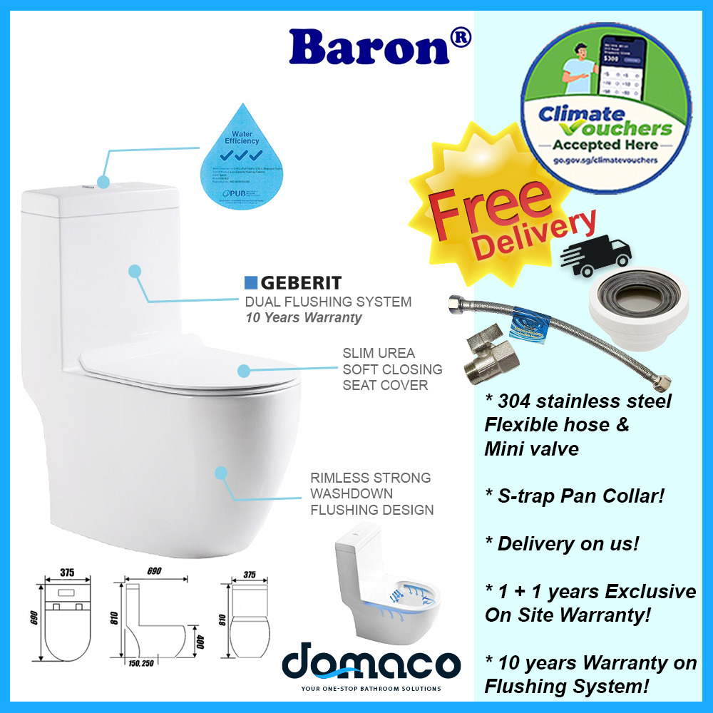 Baron BW818 Rimless Washdown Flushing 1-Piece Toilet Bowl with Soft Closing Urea Seat Cover