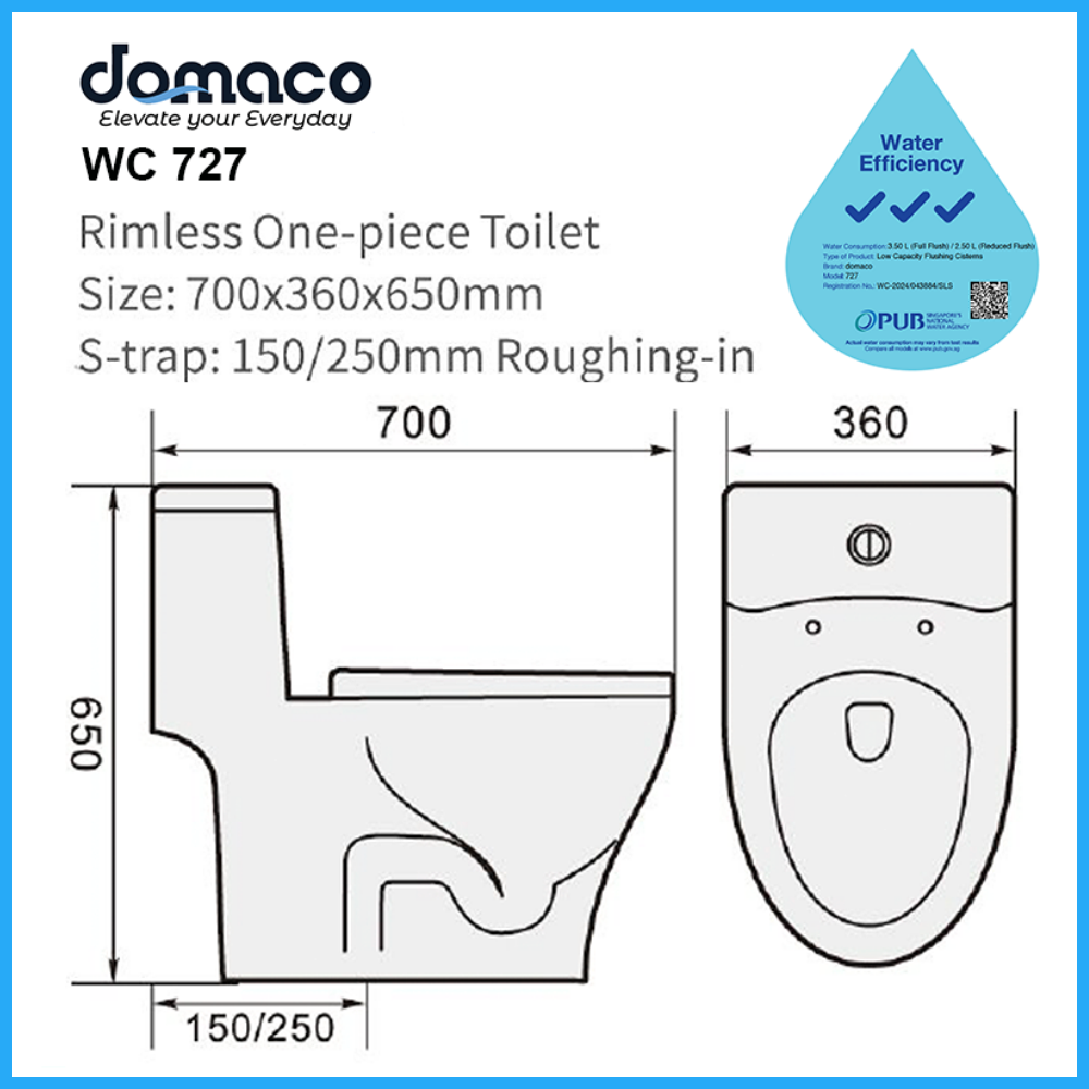 Domaco D727 [2025 New Gen] Toilet Bowl with Rimless Washdown Improved Flushing and Soft Closing Seat