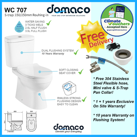 Domaco D707 [2025 New Gen] Toilet Bowl Improved Rimless Flushing with Soft Closing Seat
