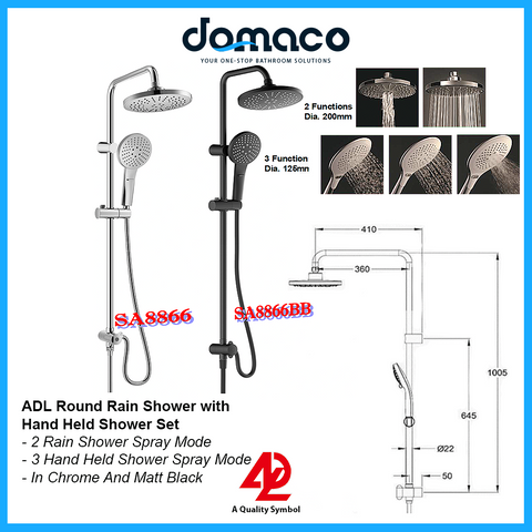 ADL Round Rain Shower With Hand Held Shower Set in Chrome SA-8866 and Matt Black SA-8866BB domaco.com.sg