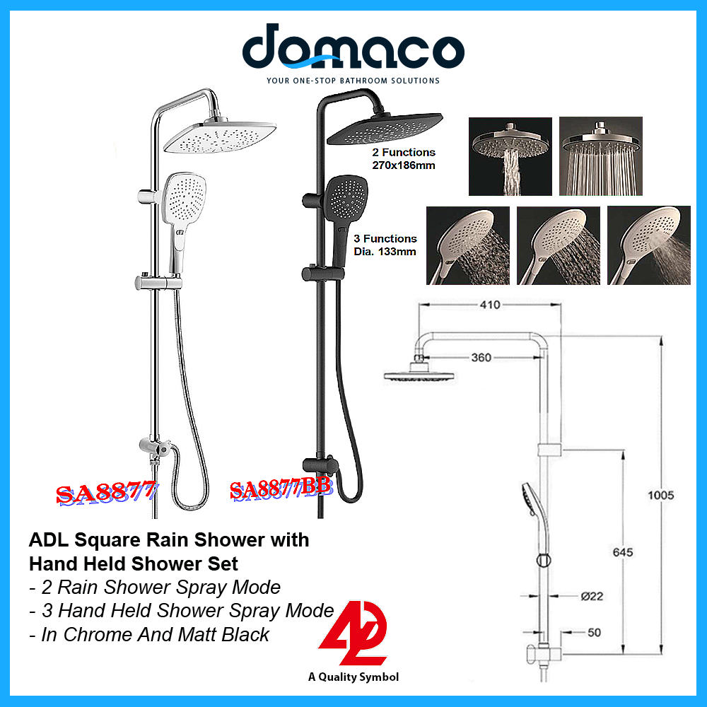 ADL Square Rain Shower With Hand Held Shower Set in Chrome SA-8877 and Matt Black SA-8877BB domaco.com.sg