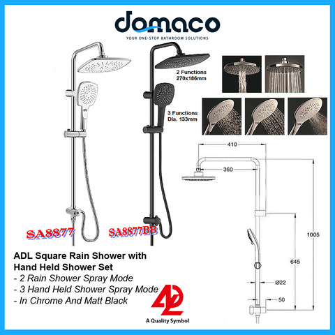 ADL Square Rain Shower With Hand Held Shower Set in Chrome SA-8877 and Matt Black SA-8877BB domaco.com.sg
