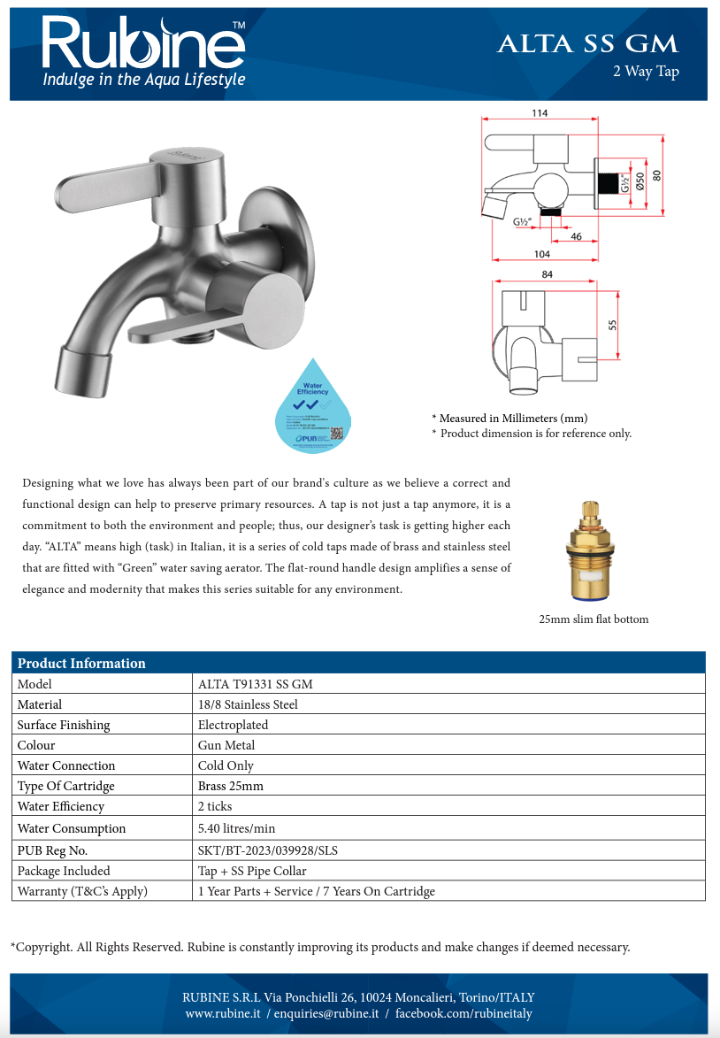 Rubine Alta T91331 SS Stainless Steel Two Way Tap [Satin/Gun Metal] domaco.com.sg