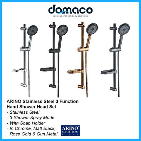 Arino AR-939C-S Stainless Steel 3 Function Hand Shower Head Set (Chrome, Matt Black, Rose Gold & Gun Metal) domaco.com.sg
