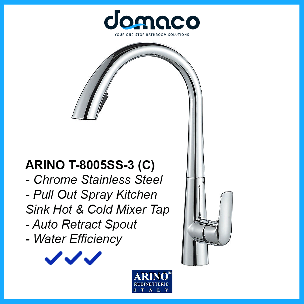 Arino Chrome Stainless Steel Pull Out Dual Spray Kitchen Sink Hot and Cold Mixer Tap T-8005SS-3-C domaco.com.sg