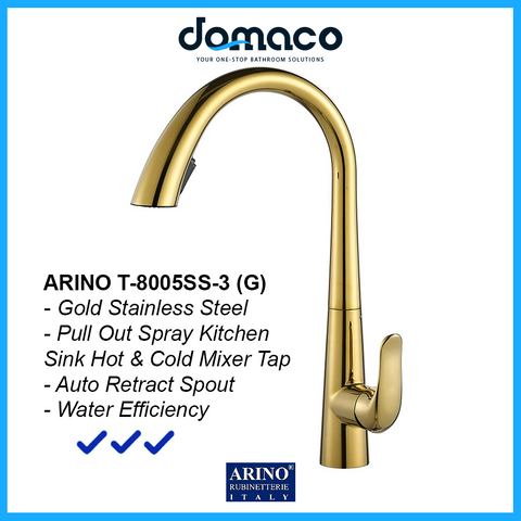 Arino Gold Stainless Steel Pull Out Dual Spray Kitchen Sink Hot and Cold Mixer Tap T-8005SS-3-G domaco.com.sg