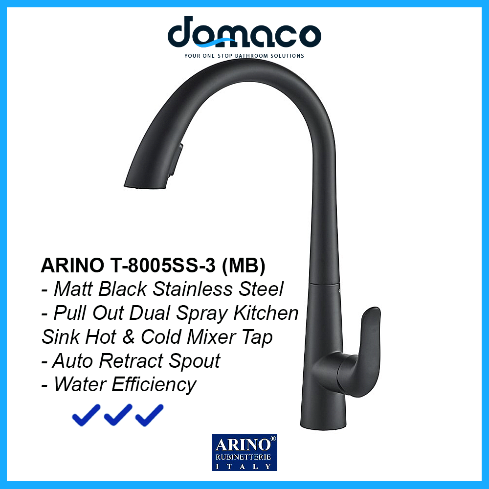 Arino Matt Black Stainless Steel Pull Out Dual Spray Kitchen Sink Hot and Cold Mixer Tap T-8005SS-3-MB domaco.com.sg