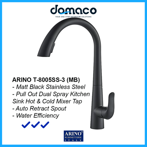 Arino Matt Black Stainless Steel Pull Out Dual Spray Kitchen Sink Hot and Cold Mixer Tap T-8005SS-3-MB domaco.com.sg