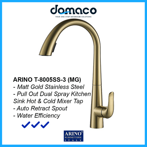 Arino Matt Gold Stainless Steel Pull Out Dual Spray Kitchen Sink Hot and Cold Mixer Tap T-8005SS-3-MG domaco.com.sg