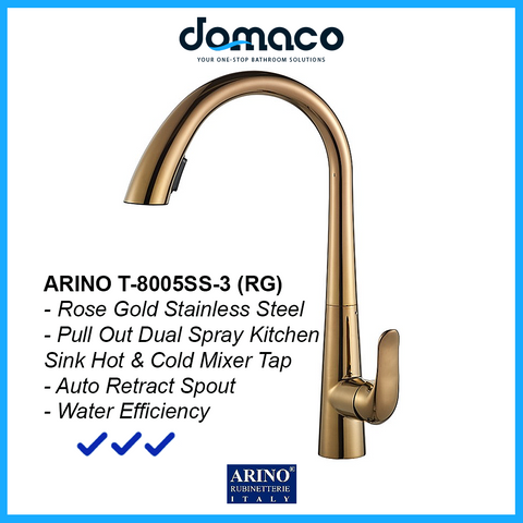 Arino Rose Gold Stainless Steel Pull Out Dual Spray Kitchen Sink Hot and Cold Mixer Tap T-8005SS-3-RG domaco.com.sg