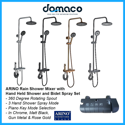Arino T-5228A-3 Rain Shower Mixer with Hand Held Shower and Bidet Spray Set (Chrome, Matt Black, Gun Metal  & Rose Gold) domaco.com.sg