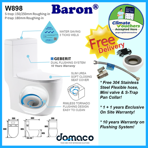 Baron W898 Gerberit Rimless Tornado Flushing 1-Piece Toilet Bowl with Urea Soft Closing Seat Cover 