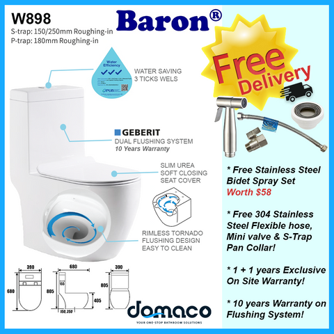 Baron W898 [New 2024] Gerberit Rimless Tornado Flushing 1-Piece Toilet Bowl with Urea Soft Closing Seat Cover domaco.com.sg