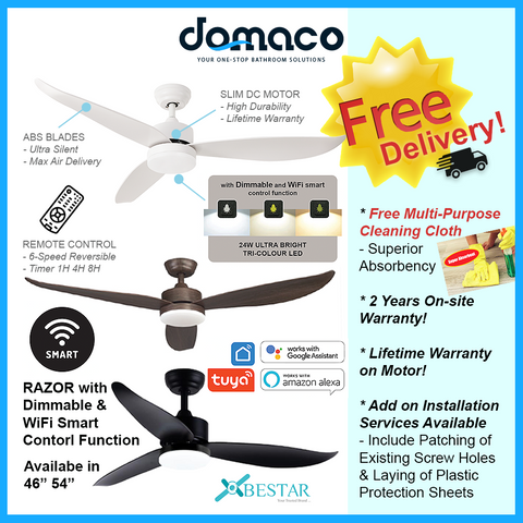 Bestar Razor DC Ceiling Fan With Dimmable 24W 3 Tone LED Light Kit And Smart Wifi Control domaco.com.sg
