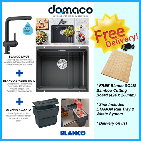 Blanco Etagon 500-U Kitchen Sink With Blanco Linus Mixer Tap Package (Free Rail Tray + Waste System + Cutting Board) domaco.com.sg